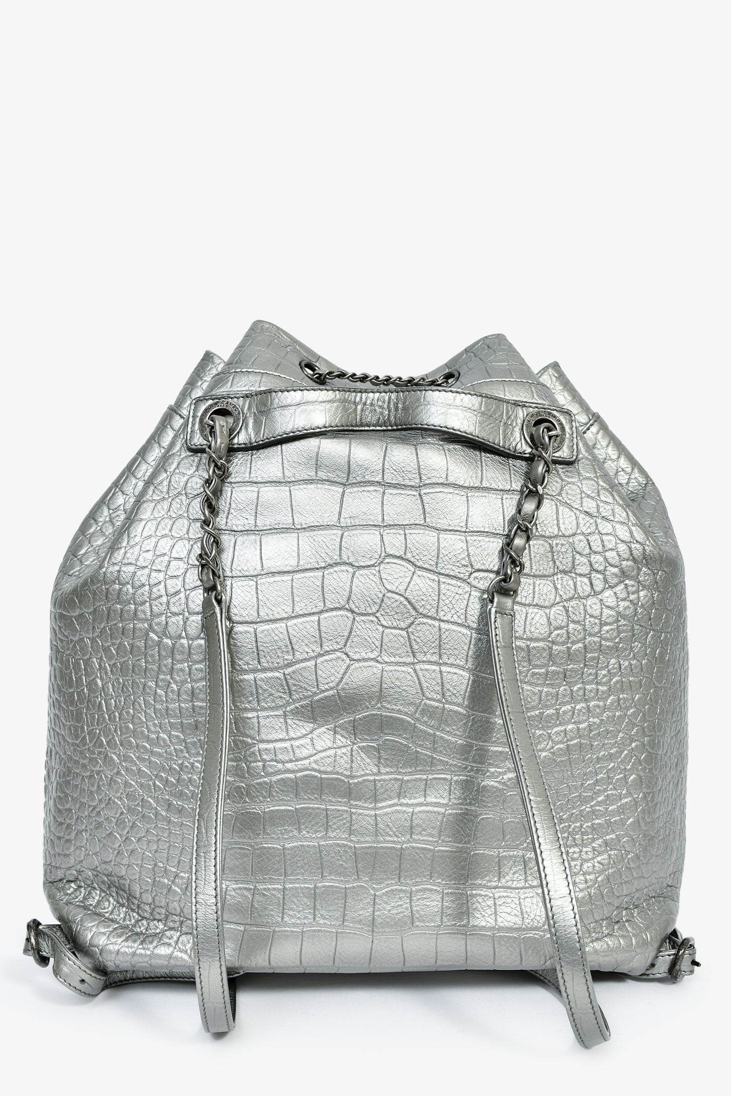 Pre-Loved Chanel™ 2019 Silver Croc Embossed Pocket Backpack