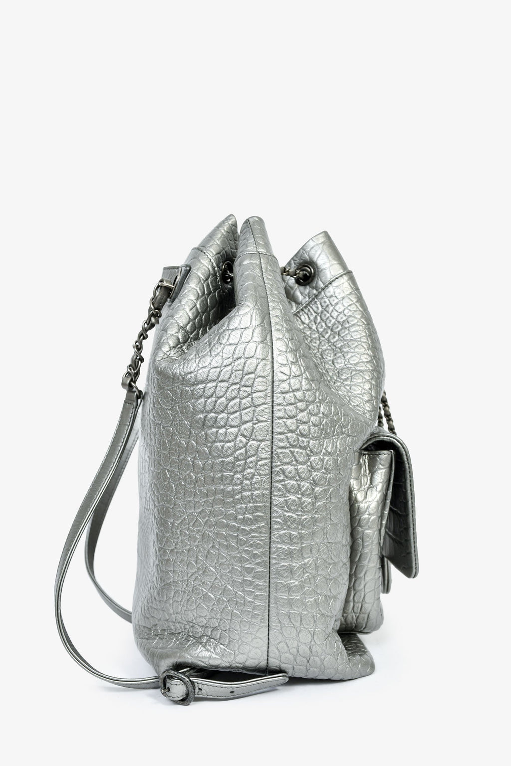Pre-Loved Chanel™ 2019 Silver Croc Embossed Pocket Backpack