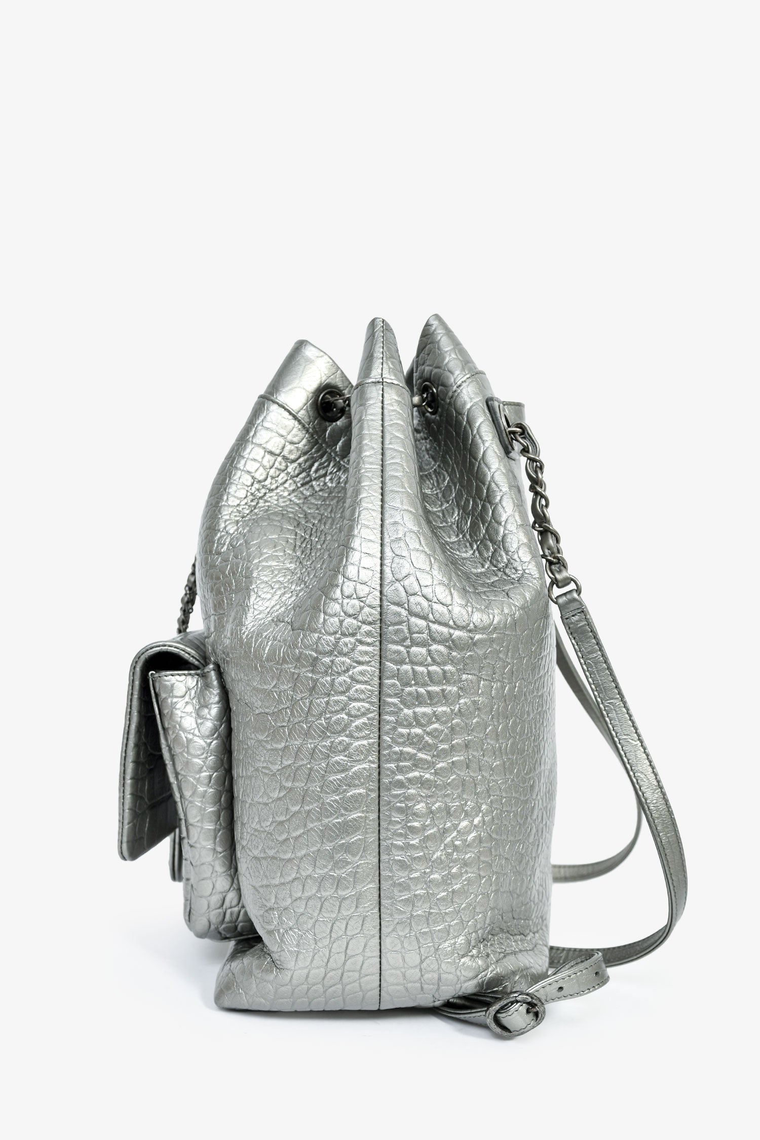 Pre-Loved Chanel™ 2019 Silver Croc Embossed Pocket Backpack