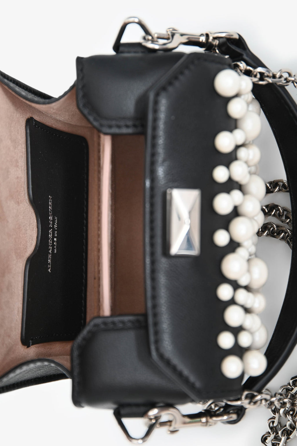 Alexander McQueen Black Leather Faux Pearl Embellished Box Crossbody
