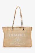 Pre-Loved Chanel™ 2022 Beige Canvas Deauville Small Shopping Tote Bag