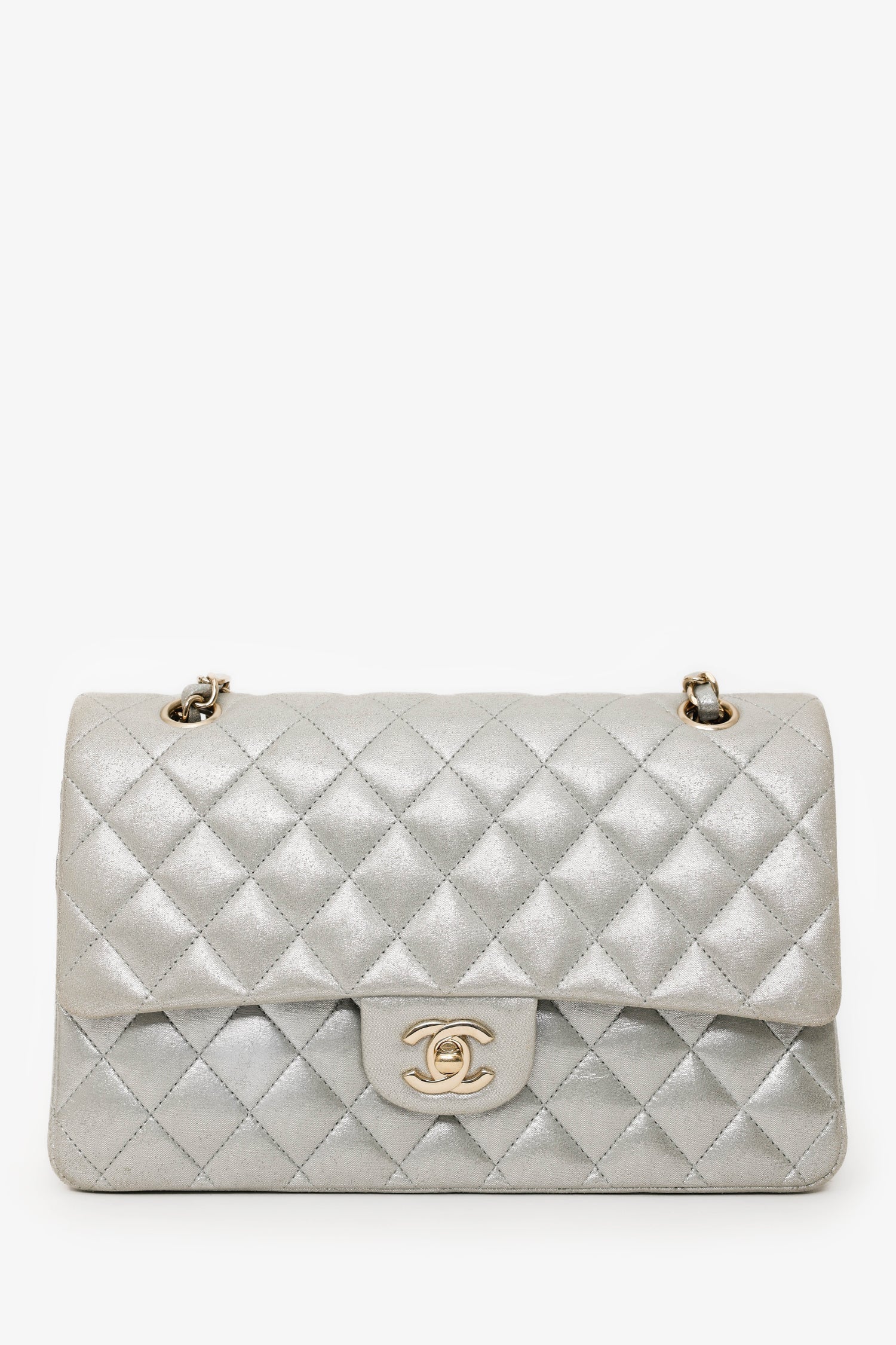Pre-Loved Chanel™ 2011-12 Silver Metallic Fabric Small Classic Double Flap Bag