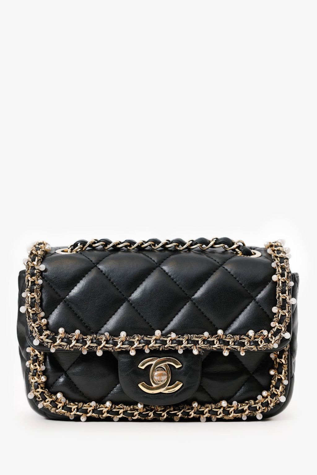 Pre-Loved Chanel™ Black Lambskin Pearl Chain Around Square Flap Bag