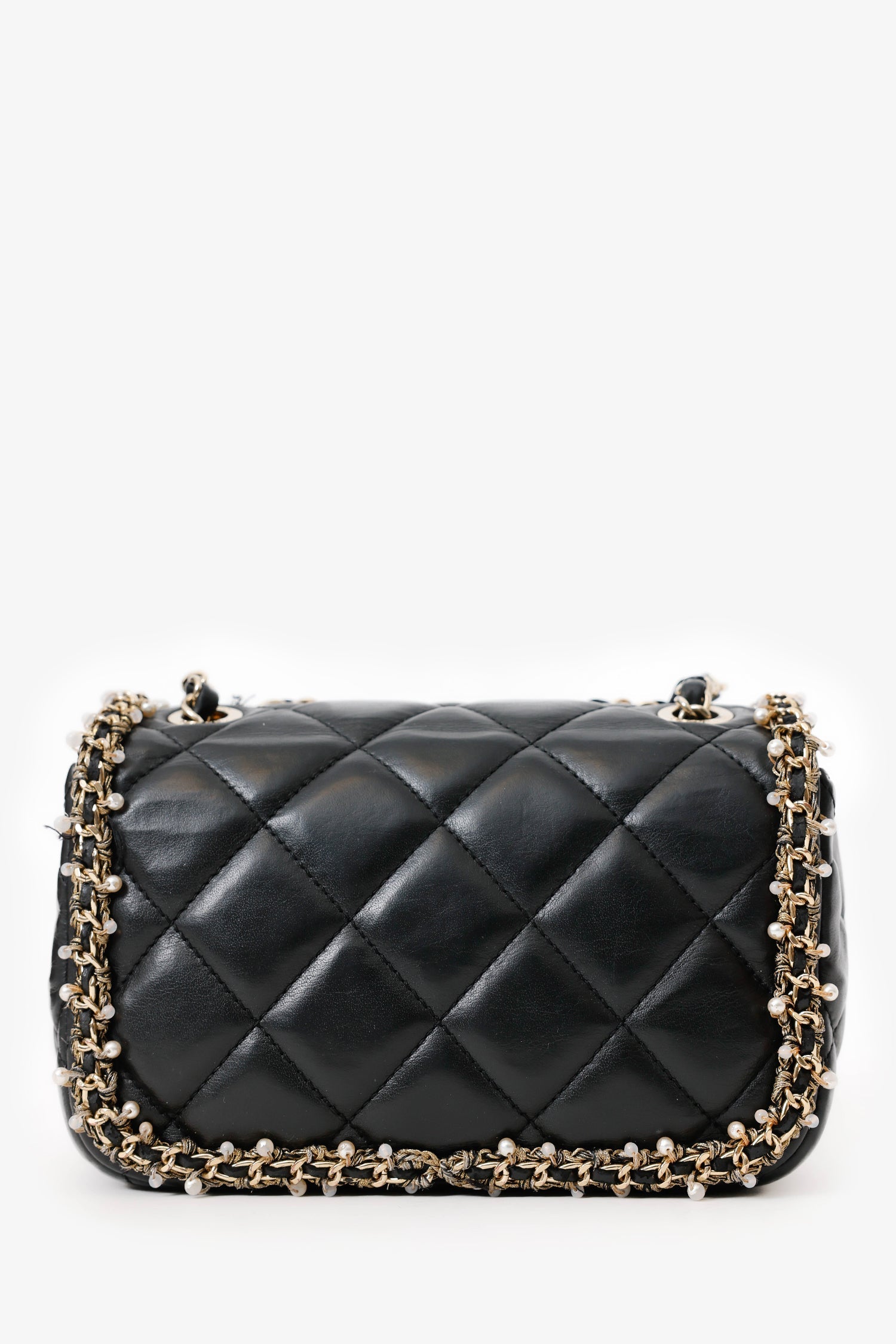 Pre-Loved Chanel™ Black Lambskin Pearl Chain Around Square Flap Bag