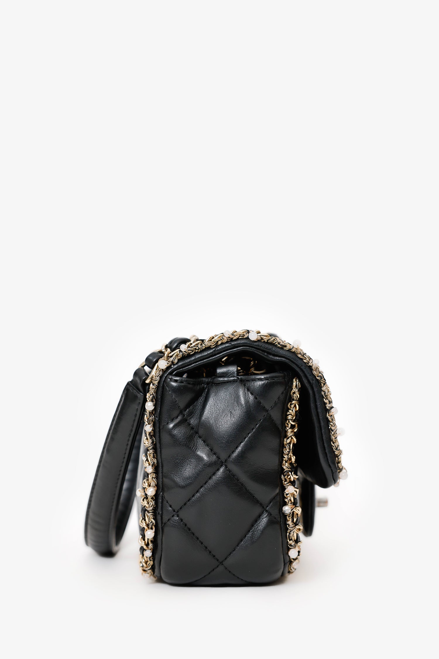 Pre-Loved Chanel™ Black Lambskin Pearl Chain Around Square Flap Bag