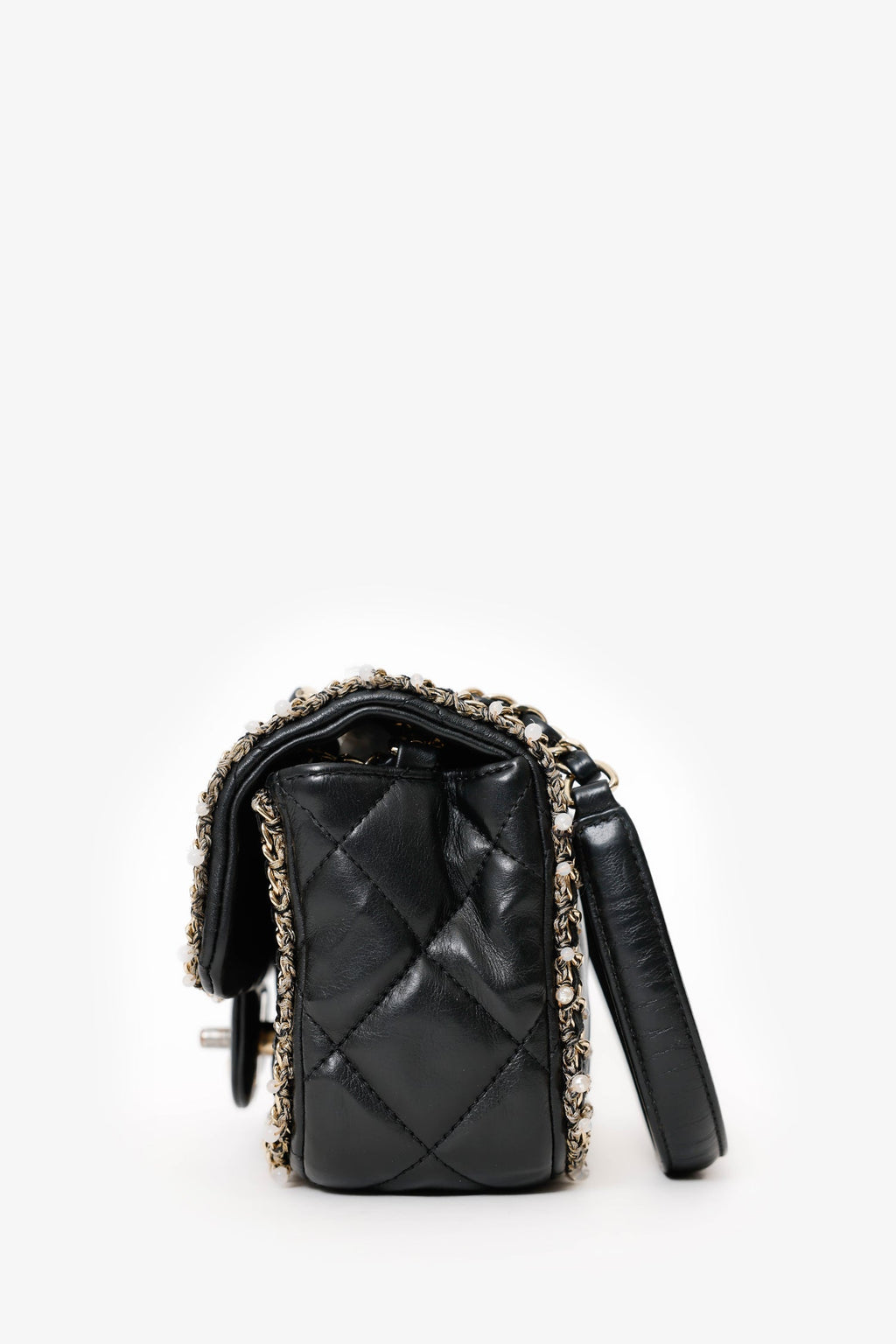 Pre-Loved Chanel™ Black Lambskin Pearl Chain Around Square Flap Bag