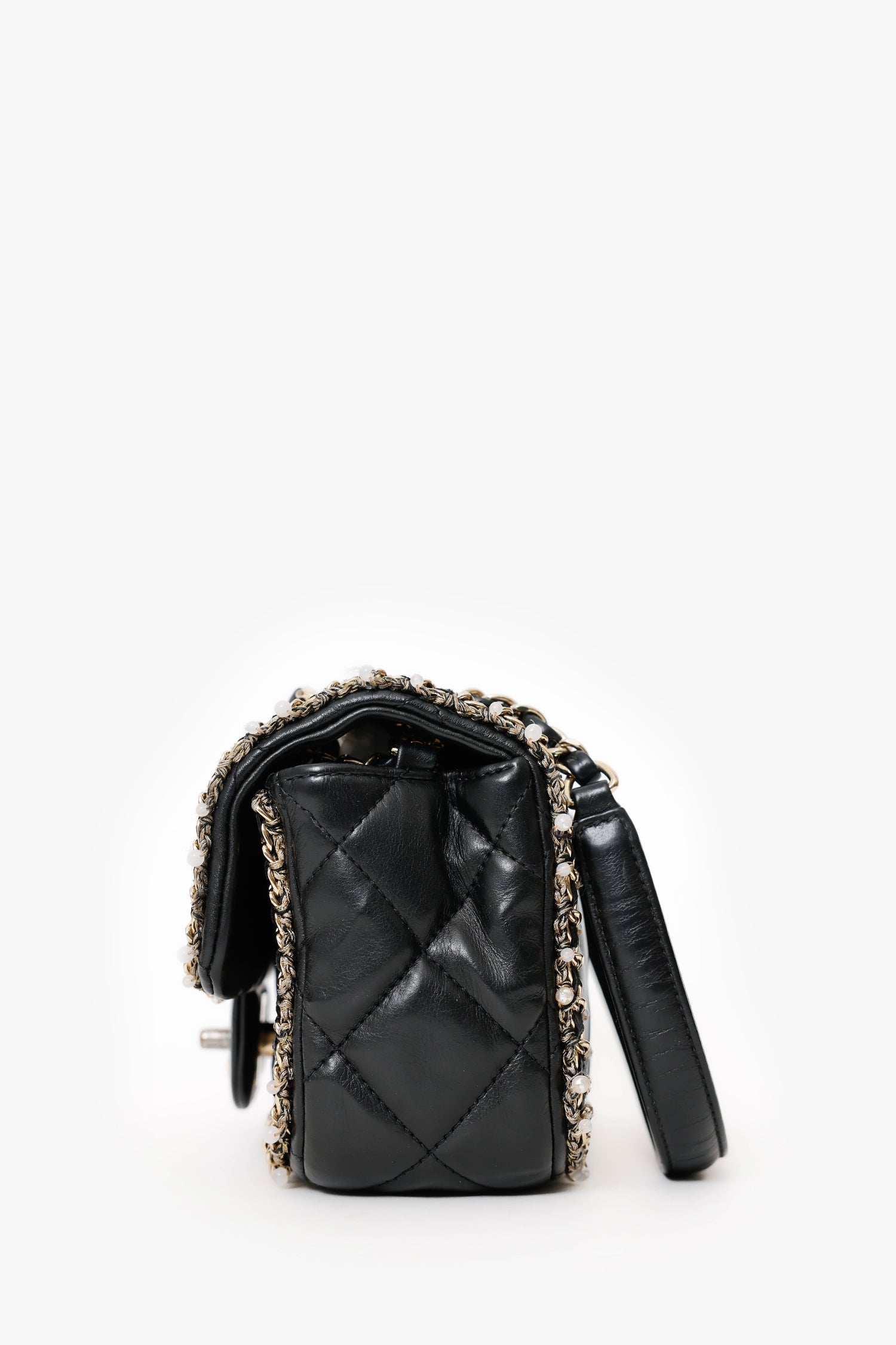 Pre-Loved Chanel™ Black Lambskin Pearl Chain Around Square Flap Bag