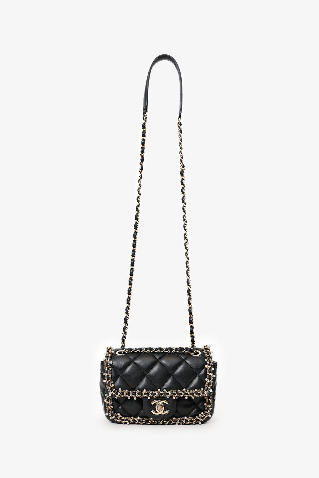 Pre-Loved Chanel™ Black Lambskin Pearl Chain Around Square Flap Bag