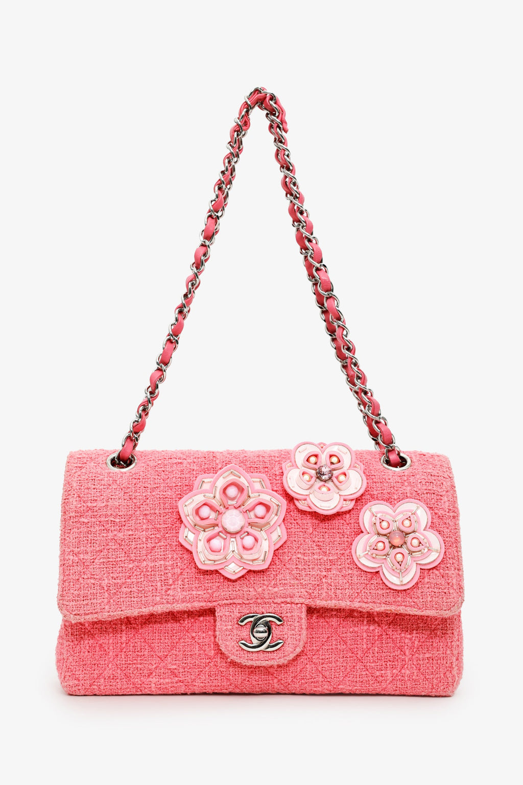 Pre-Loved Chanel™ 2016 Pink Tweed Flower Classic Double Medium Flap Bag