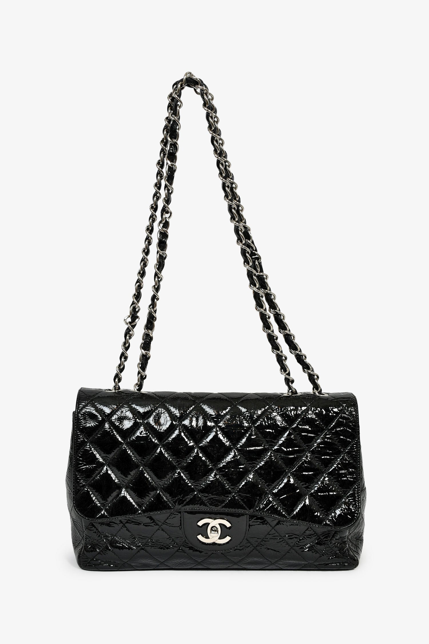Pre-Loved Chanel™ 2006-08 Black Glossy Patent Single Jumbo Flap Bag