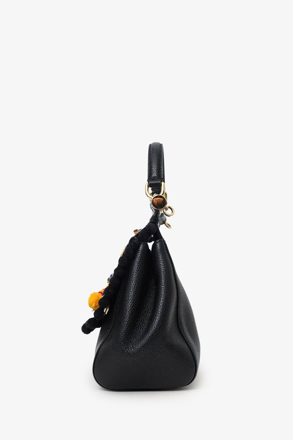 Dolce & Gabbana Black Leather Embellished Medium Sicily Top Handle Bag
