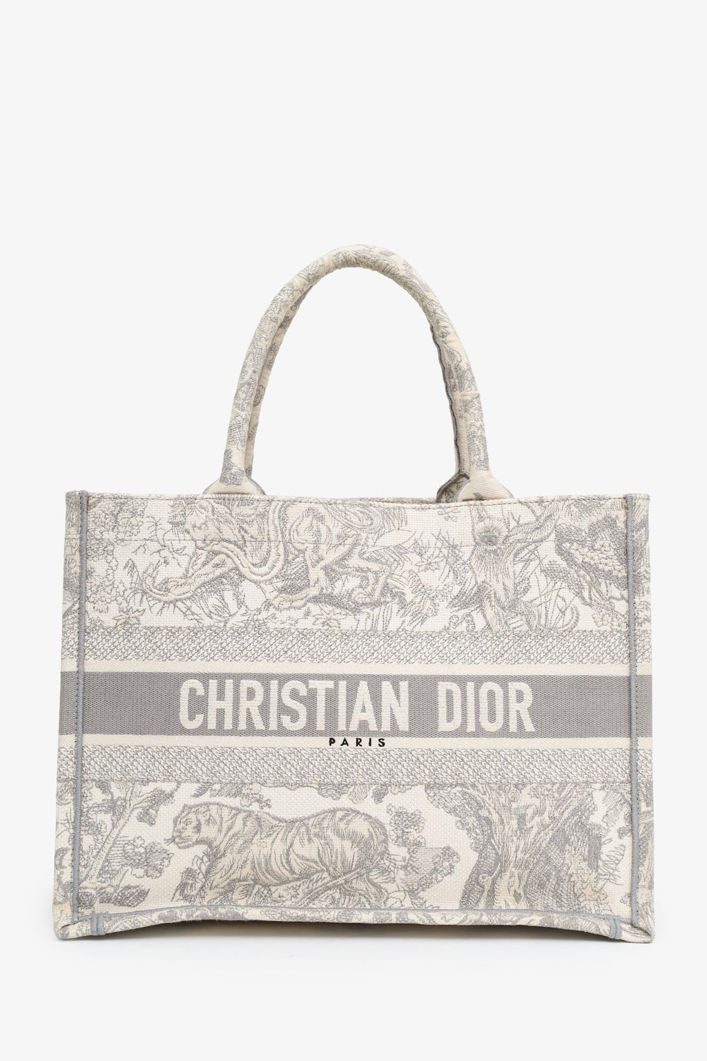 Christian Dior 2021 Grey Canvas Toile de Jouy Embroidered Medium Book Tote