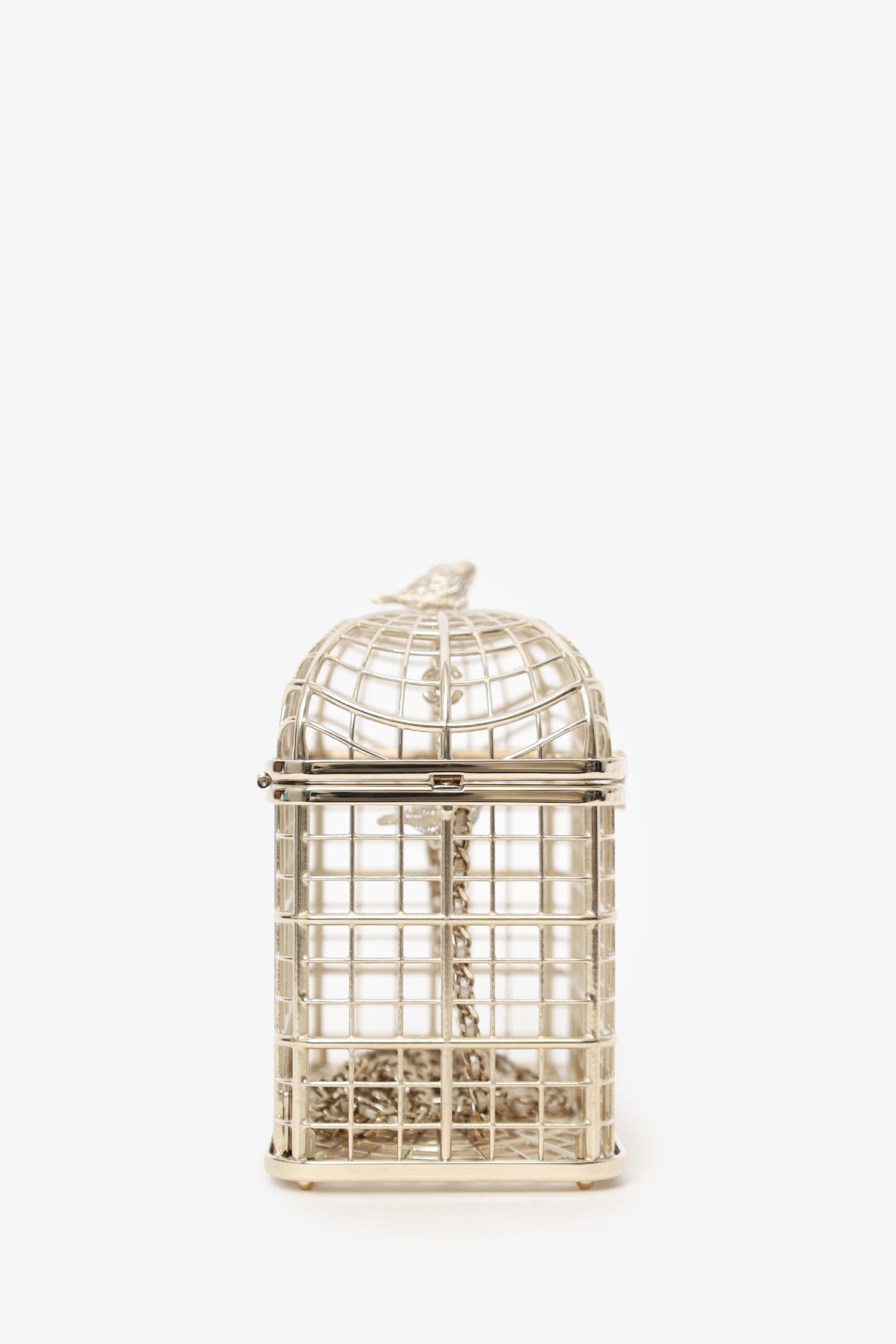 Pre-Loved Chanel™ 2025 S/S Runway Gold Toned Metal Crystal Strass 'Bird Cage Minaudière' Bag
