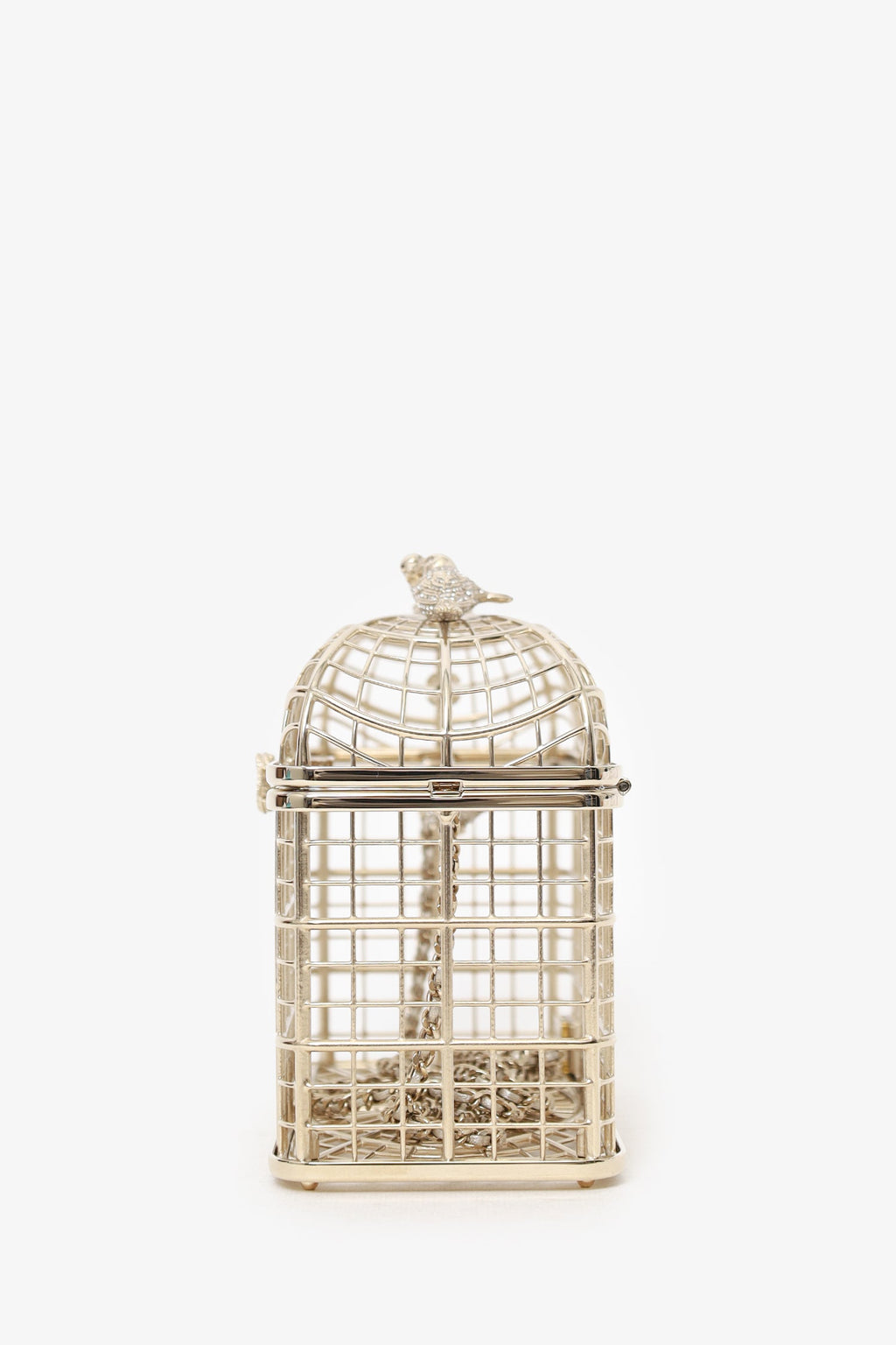Pre-Loved Chanel™ 2025 S/S Runway Gold Toned Metal Crystal Strass 'Bird Cage Minaudière' Bag