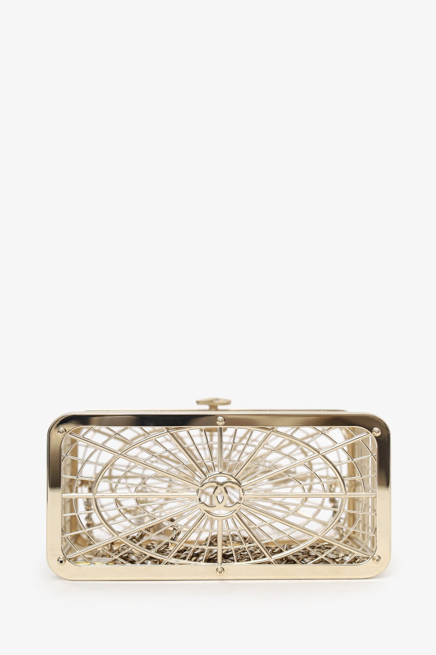 Pre-Loved Chanel™ 2025 S/S Runway Gold Toned Metal Crystal Strass 'Bird Cage Minaudière' Bag