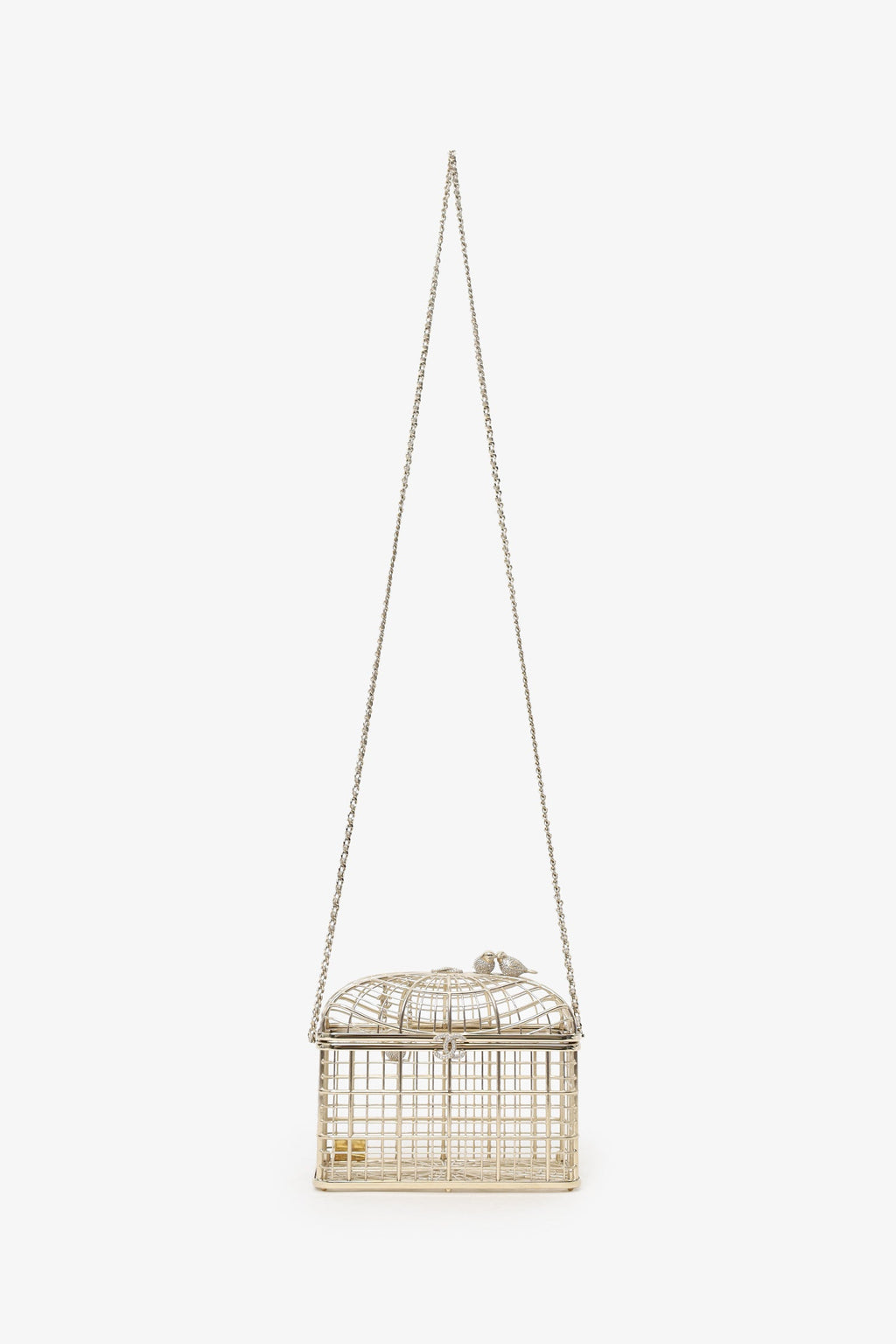 Pre-Loved Chanel™ 2025 S/S Runway Gold Toned Metal Crystal Strass 'Bird Cage Minaudière' Bag