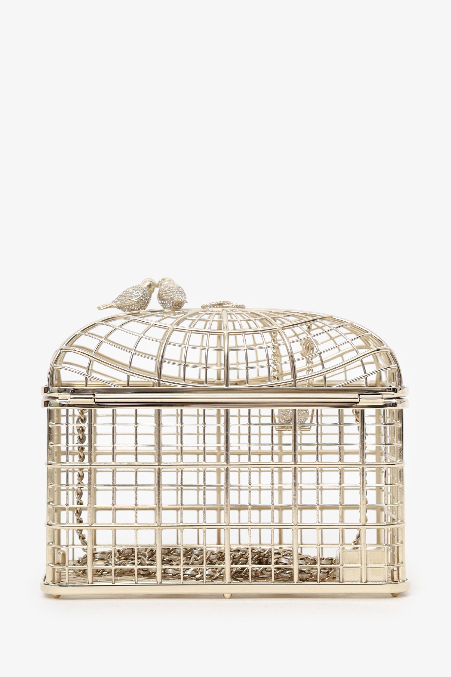 Pre-Loved Chanel™ 2025 S/S Runway Gold Toned Metal Crystal Strass 'Bird Cage Minaudière' Bag