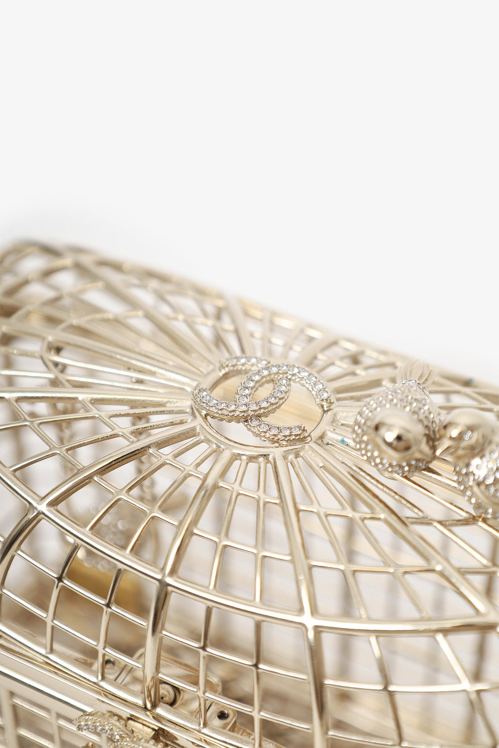 Pre-Loved Chanel™ 2025 S/S Runway Gold Toned Metal Crystal Strass 'Bird Cage Minaudière' Bag