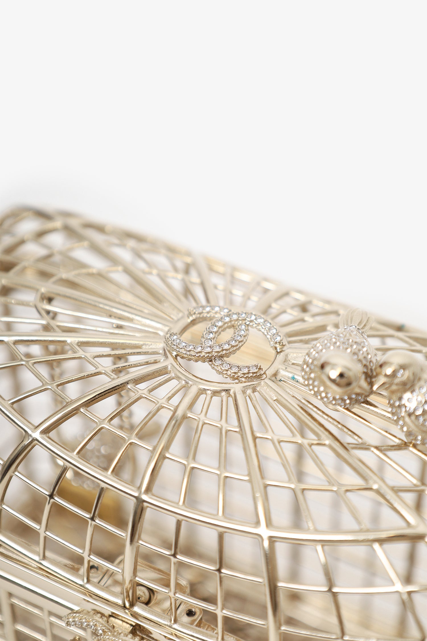 Pre-Loved Chanel™ 2025 S/S Runway Gold Toned Metal Crystal Strass 'Bird Cage Minaudière' Bag