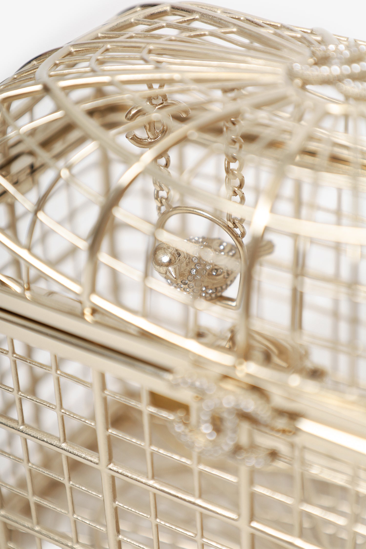 Pre-Loved Chanel™ 2025 S/S Runway Gold Toned Metal Crystal Strass 'Bird Cage Minaudière' Bag
