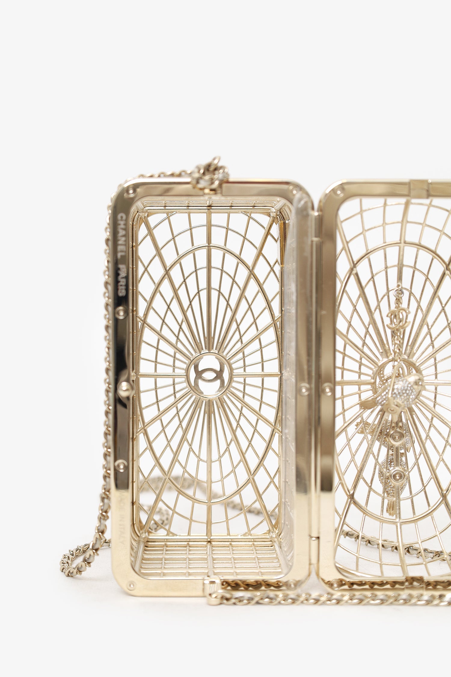 Pre-Loved Chanel™ 2025 S/S Runway Gold Toned Metal Crystal Strass 'Bird Cage Minaudière' Bag