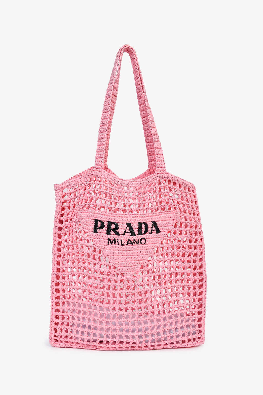 Prada Pink Raffia Crochet Logo Embroidered Tote Bag