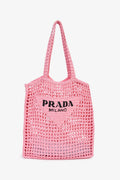 Prada Pink Raffia Crochet Logo Embroidered Tote Bag