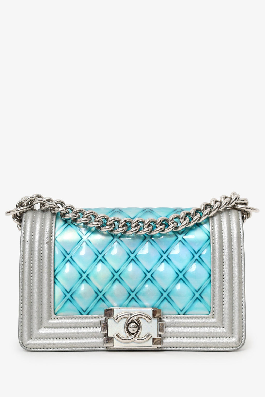 Pre-Loved Chanel™ 2018 Iridescent Silver/Blue Leather/PVC Water Boy Small Bag