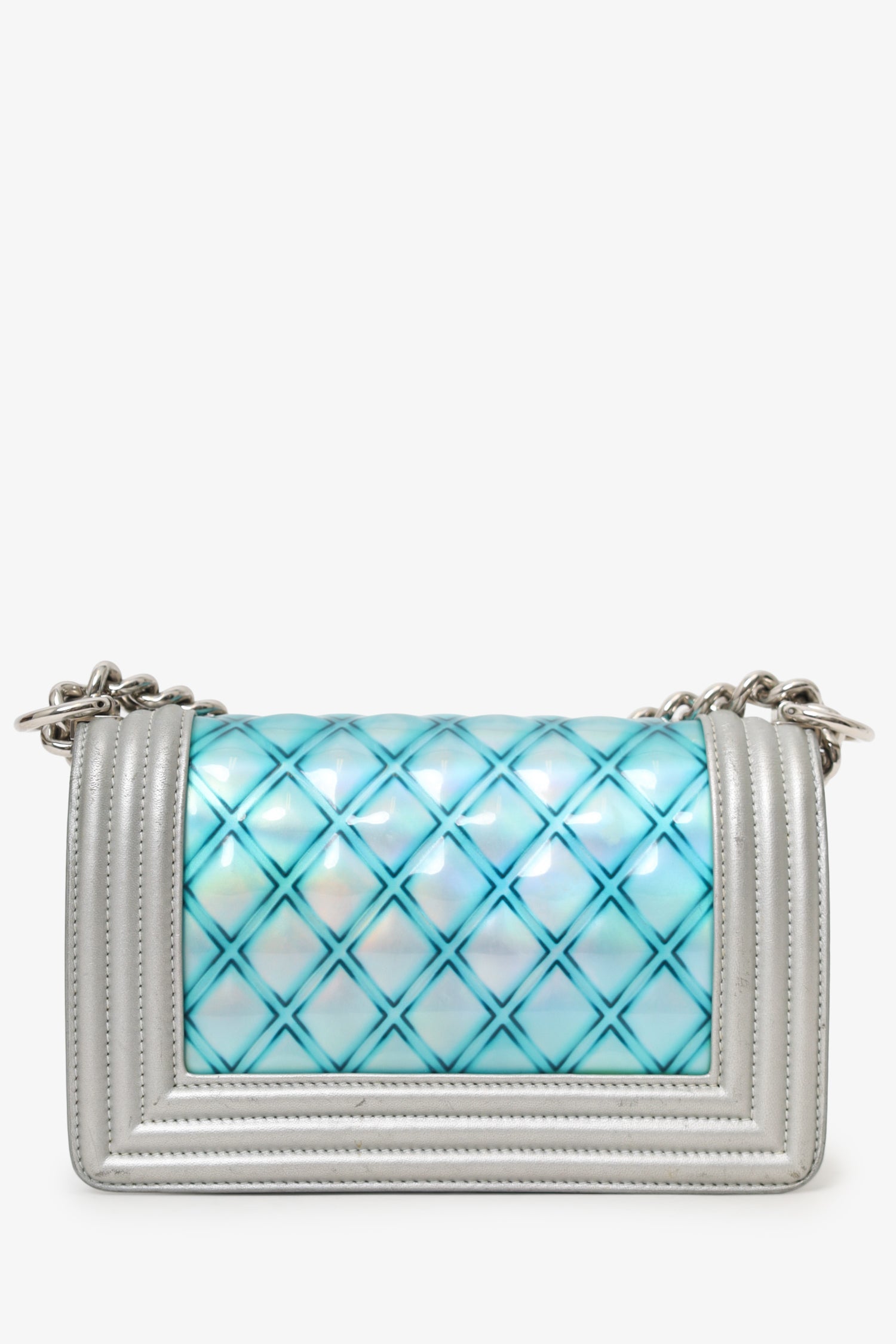 Pre-Loved Chanel™ 2018 Iridescent Silver/Blue Leather/PVC Water Boy Small Bag