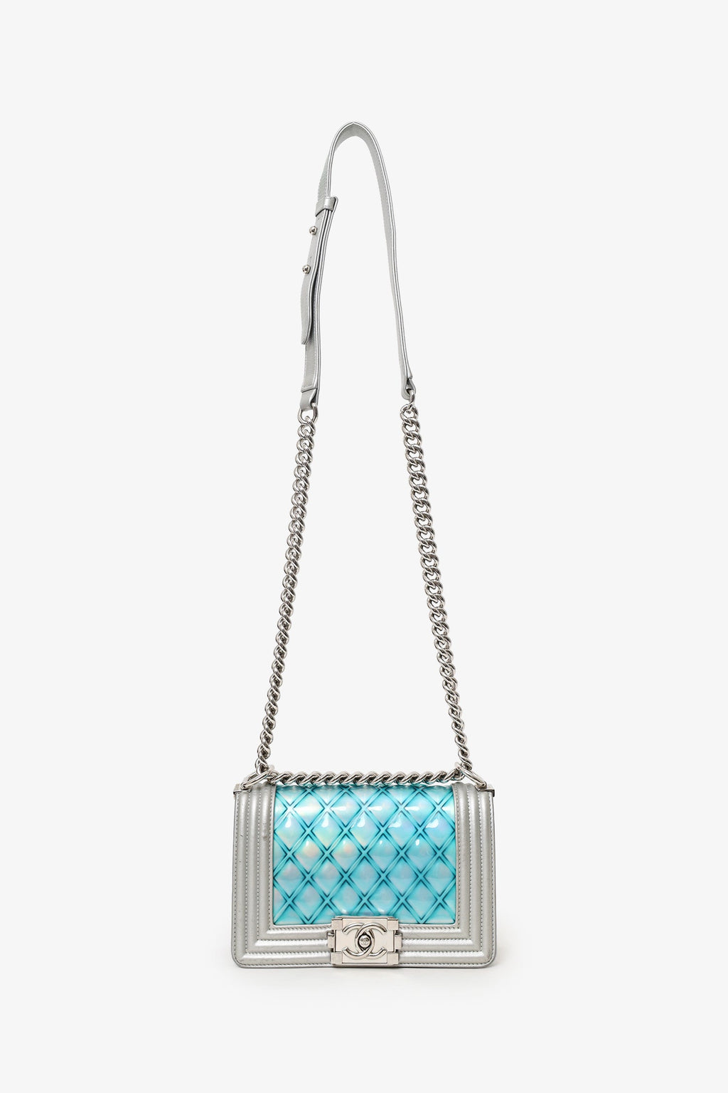 Pre-Loved Chanel™ 2018 Iridescent Silver/Blue Leather/PVC Water Boy Small Bag
