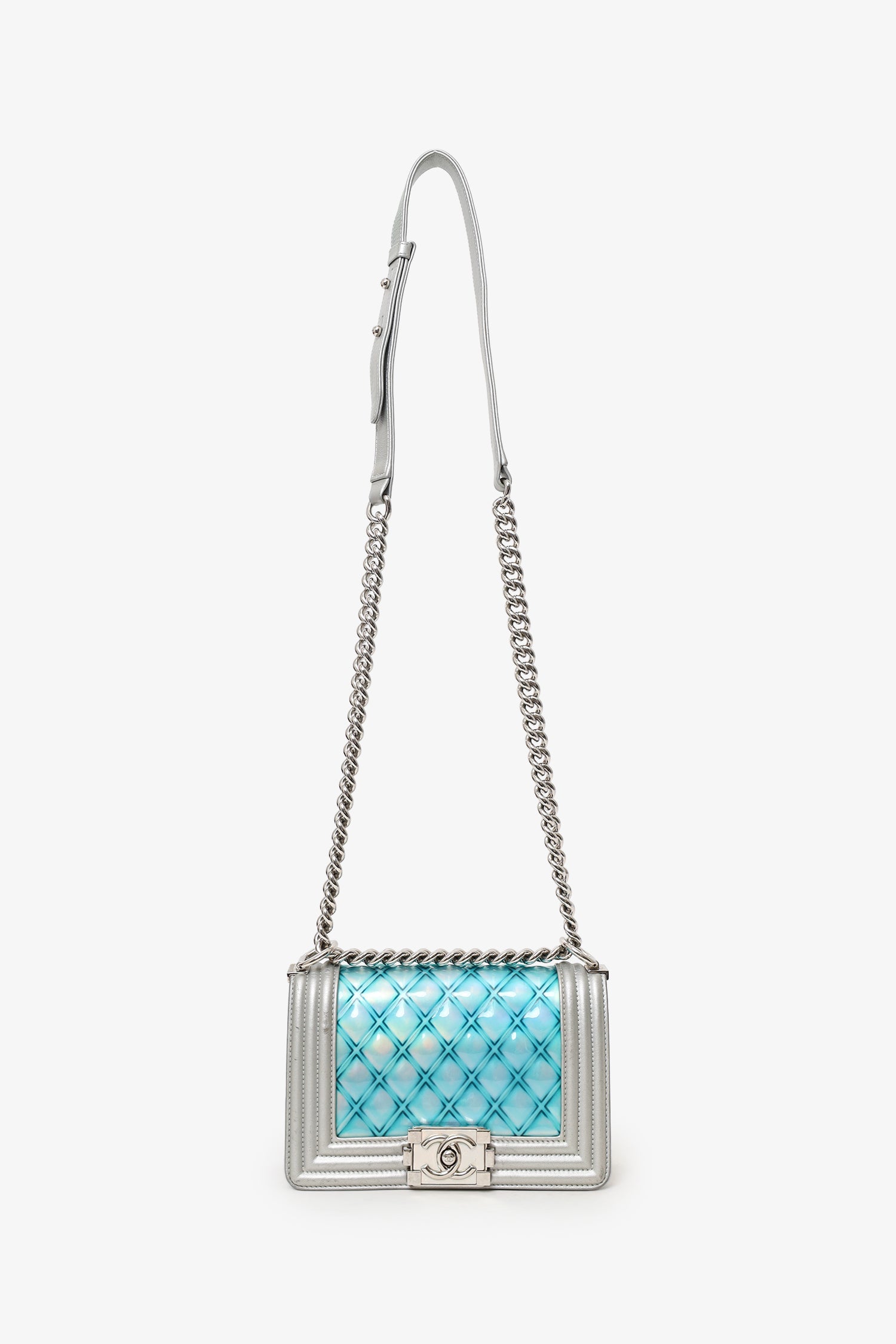 Pre-Loved Chanel™ 2018 Iridescent Silver/Blue Leather/PVC Water Boy Small Bag