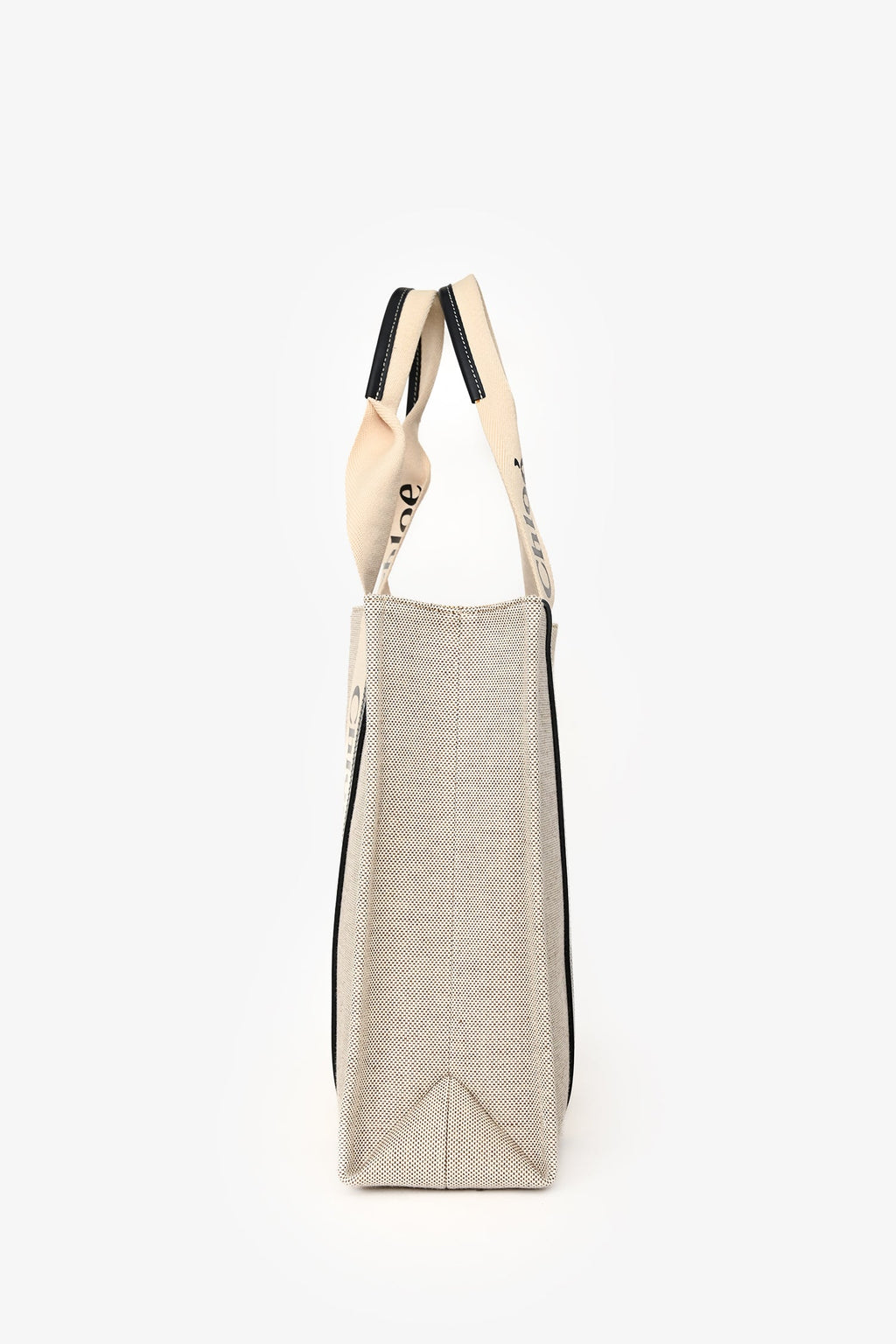 Chloe Beige/Navy Fabric Black Leather Trim Logo Woody Large Tote