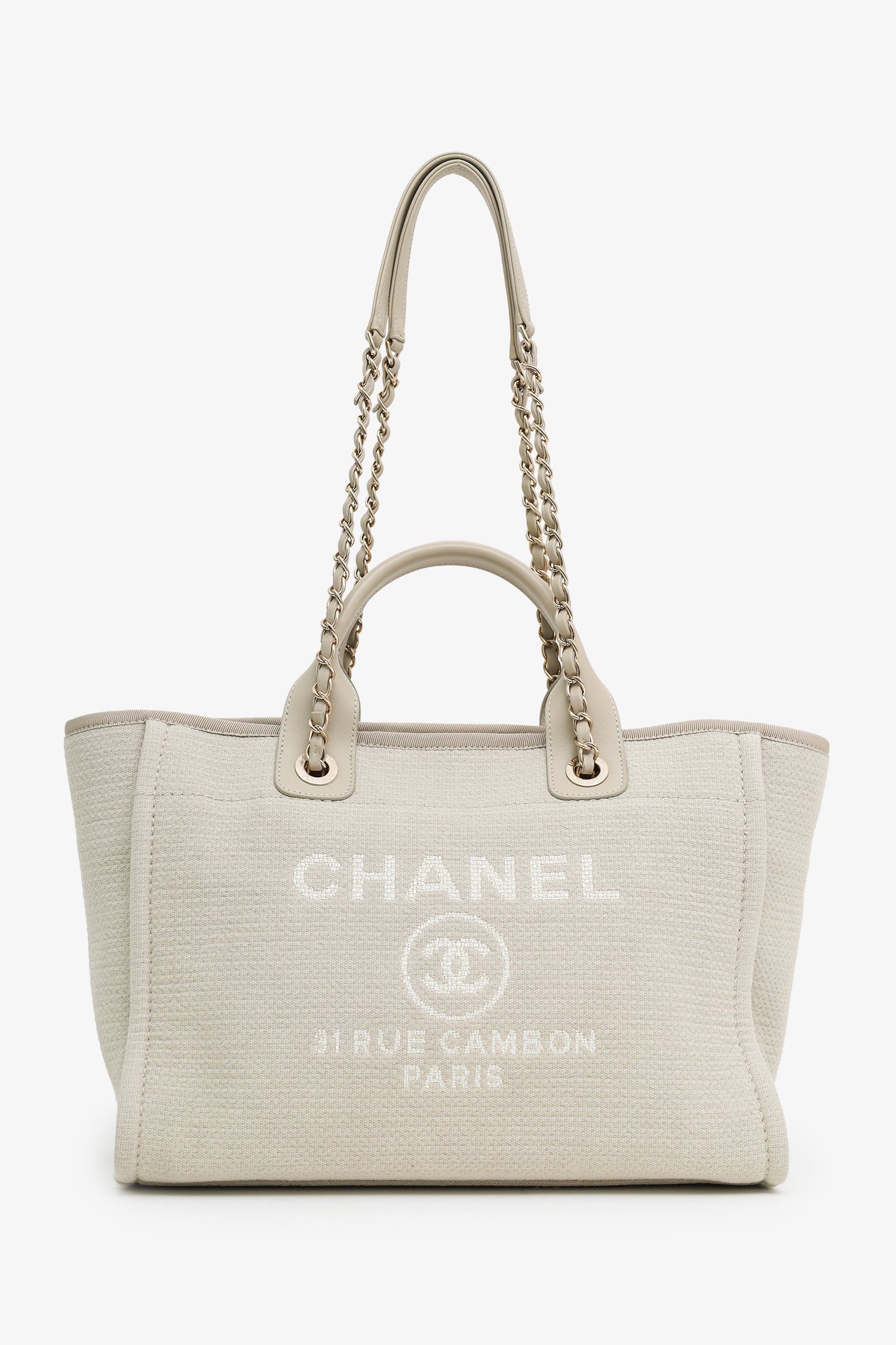 Pre-Loved Chanel™ Beige Canvas Small Deauville Tote With Pouch