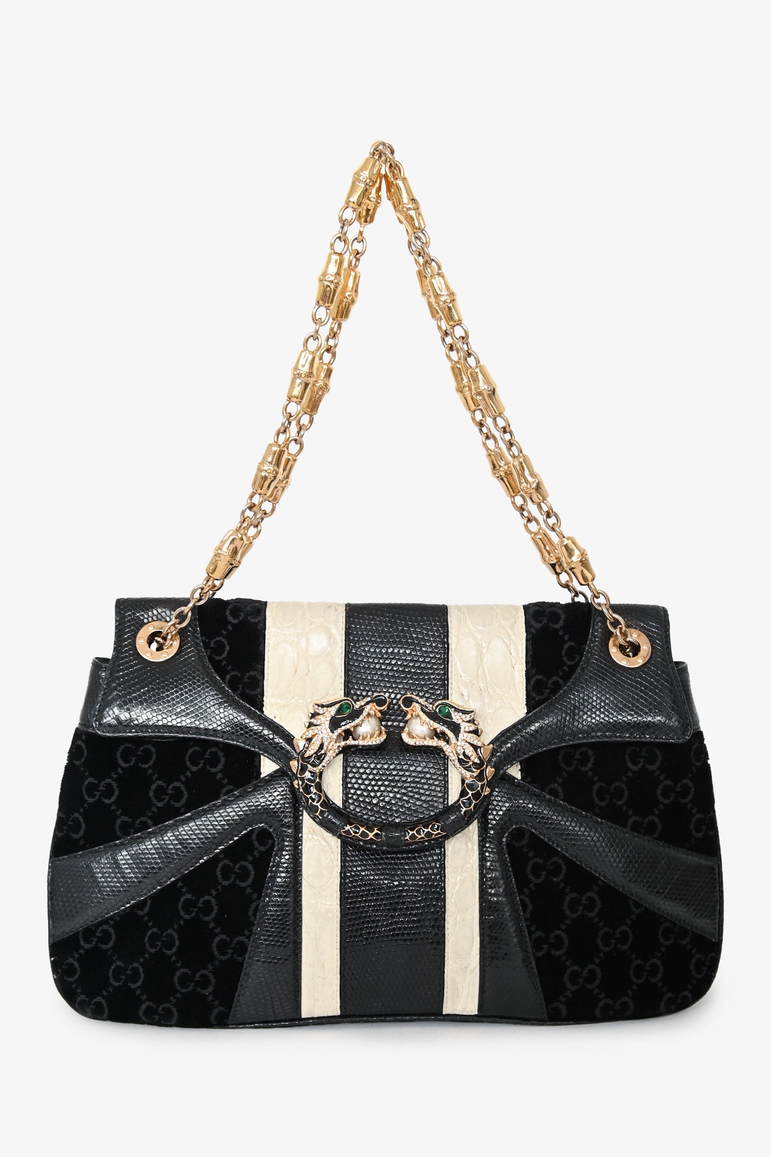 Gucci Black/White Lizard/Velvet Leather Dragon Head Shoulder Bag