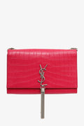Saint Laurent Pink Leather Croc Embossed Medium 'Kate' Tassel Crossbody Bag