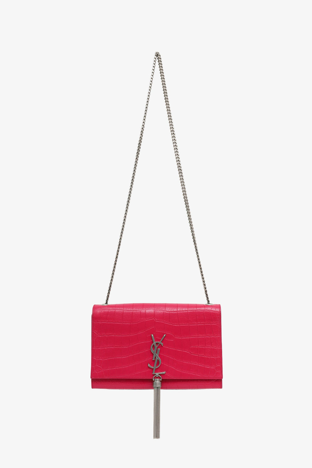 Saint Laurent Pink Leather Croc Embossed Medium 'Kate' Tassel Crossbody Bag