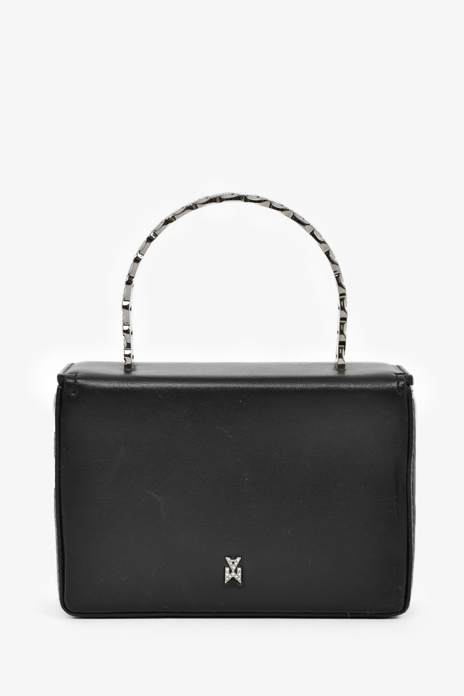 Amina Muaddi Black Leather Crystal Super Mini Top Handle Bag