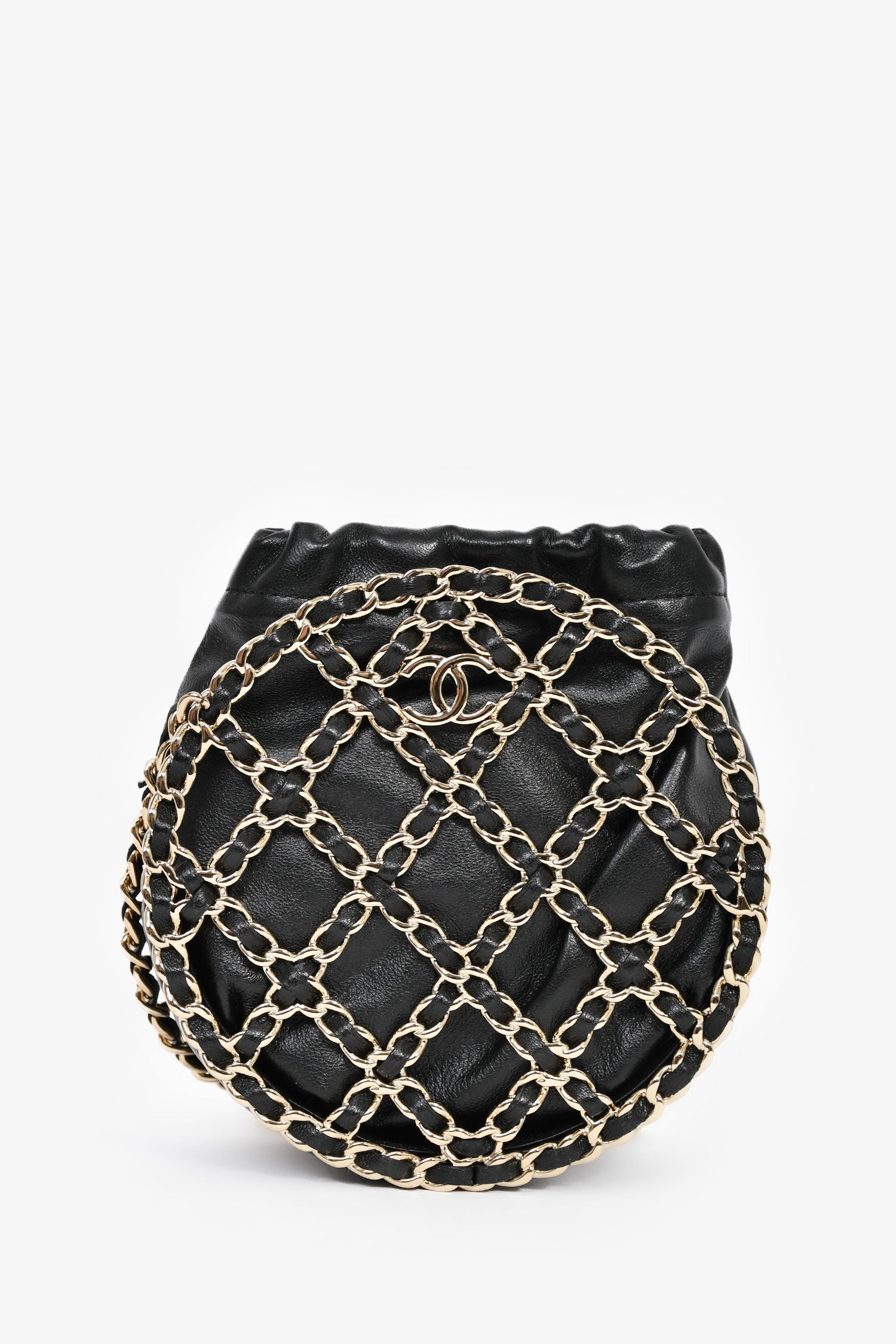 Pre-Loved Chanel™ Runway 2022 Black Lambskin Leather CC Logo Round Caged Crossbody Bag