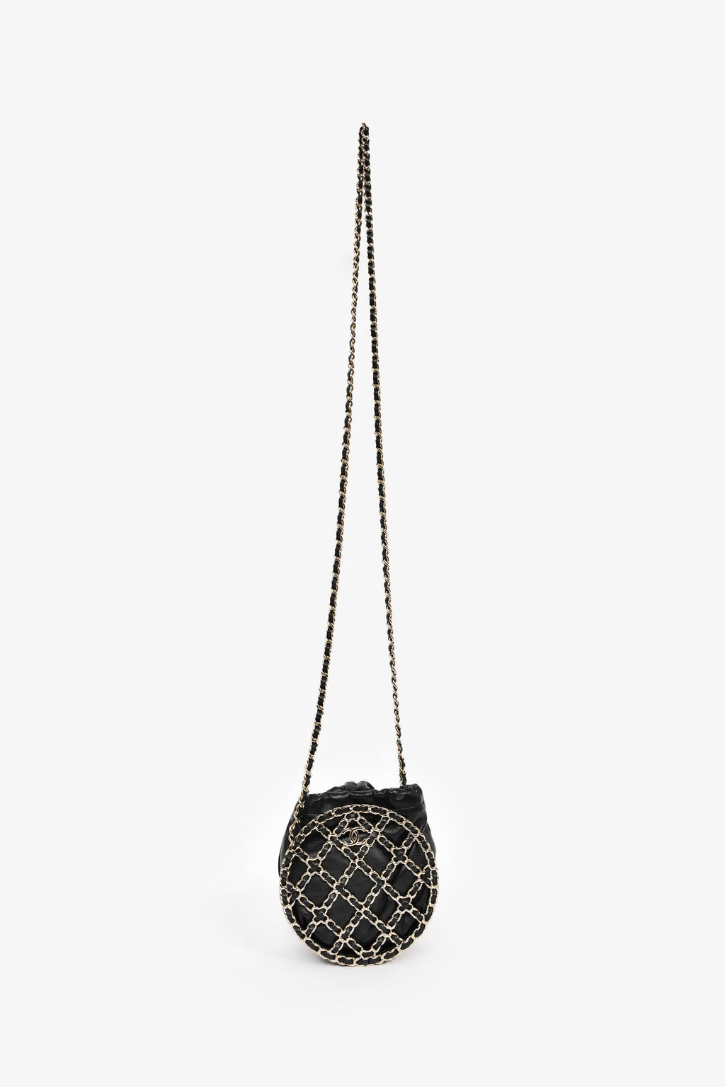 Pre-Loved Chanel™ Runway 2022 Black Lambskin Leather CC Logo Round Caged Crossbody Bag