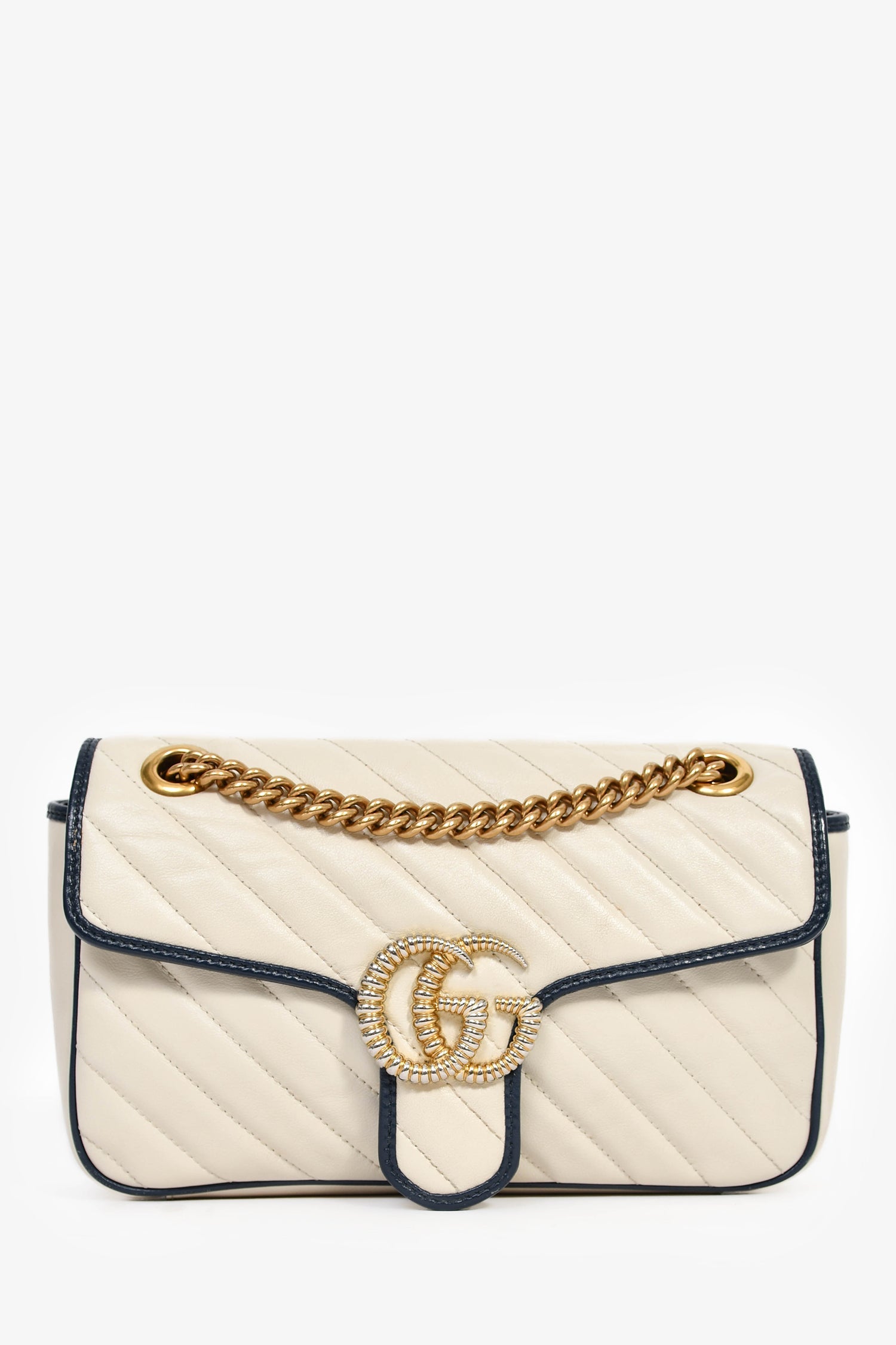 Gucci Cream/Navy Leather Marmont Small Shoulder Bag