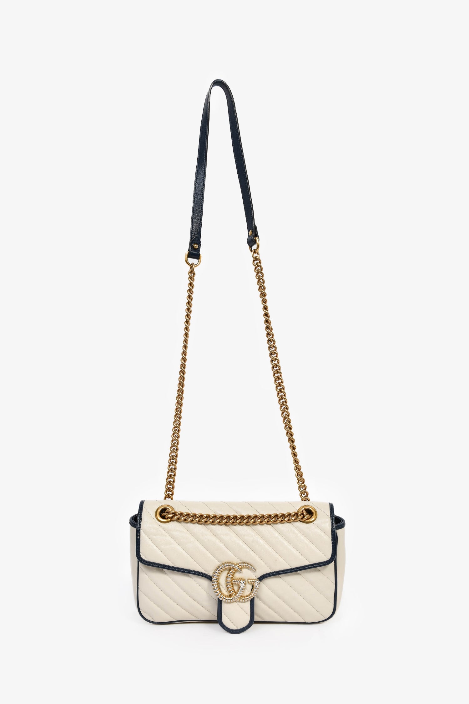 Gucci Cream/Navy Leather Marmont Small Shoulder Bag