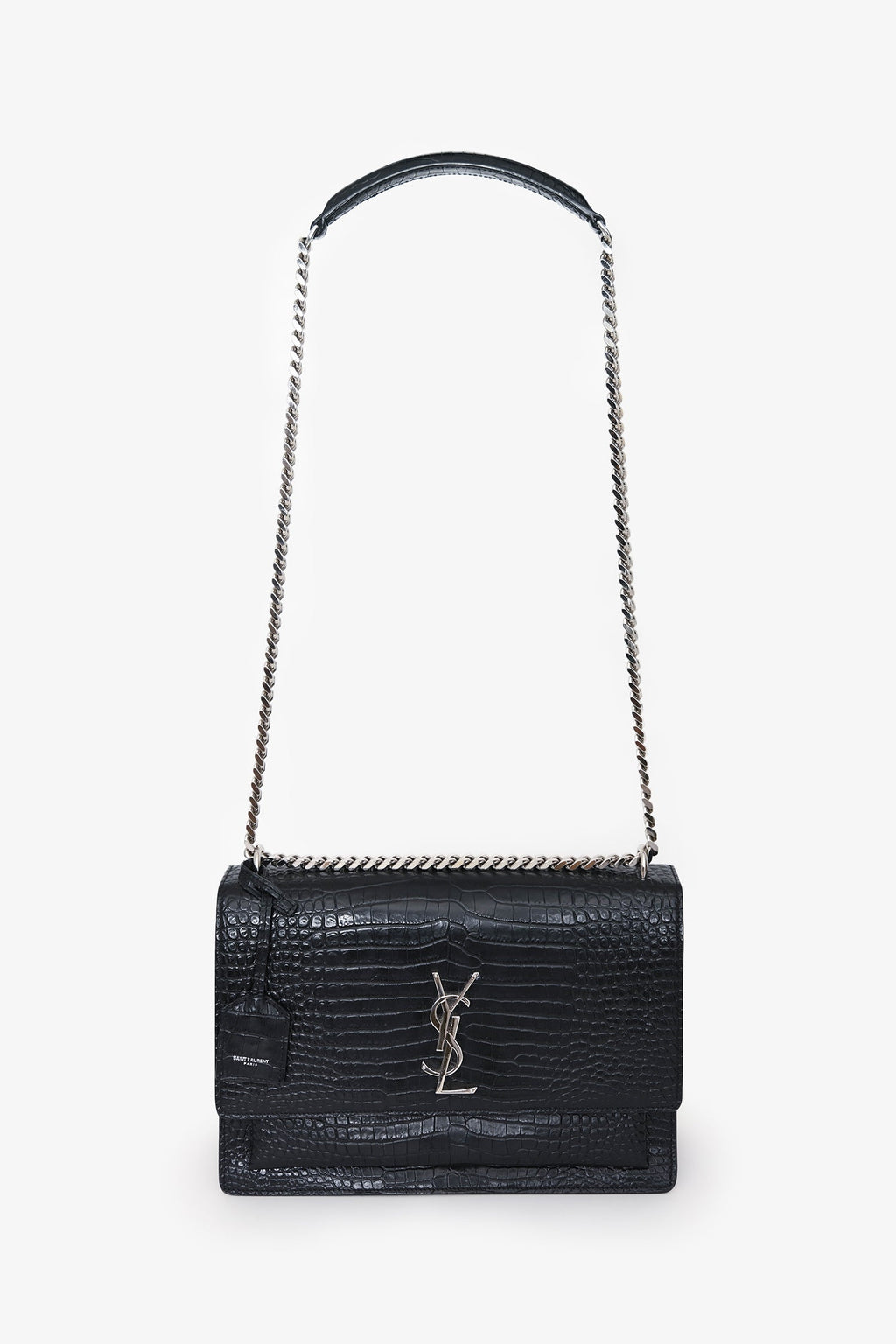 Yves Saint Laurent Black Embossed Croc Leather Medium Sunset Shoulder Bag