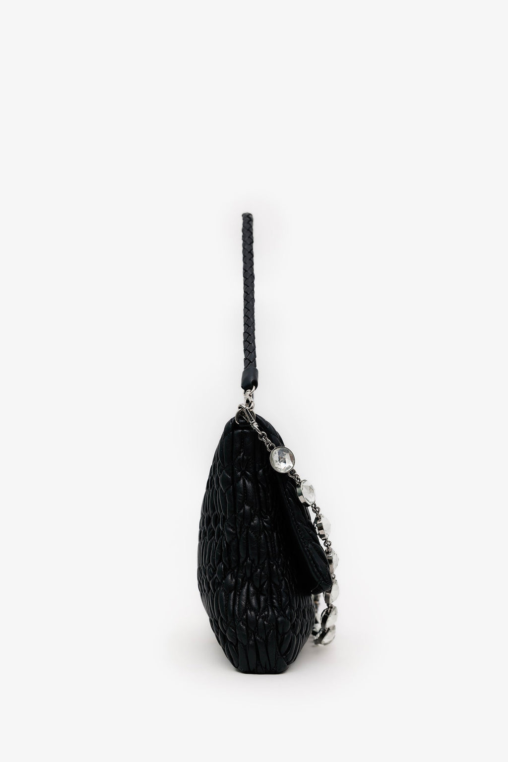 Miu Miu Black Matelasse Nappa Leather Crystal Embellished Shoulder Bag With Strap