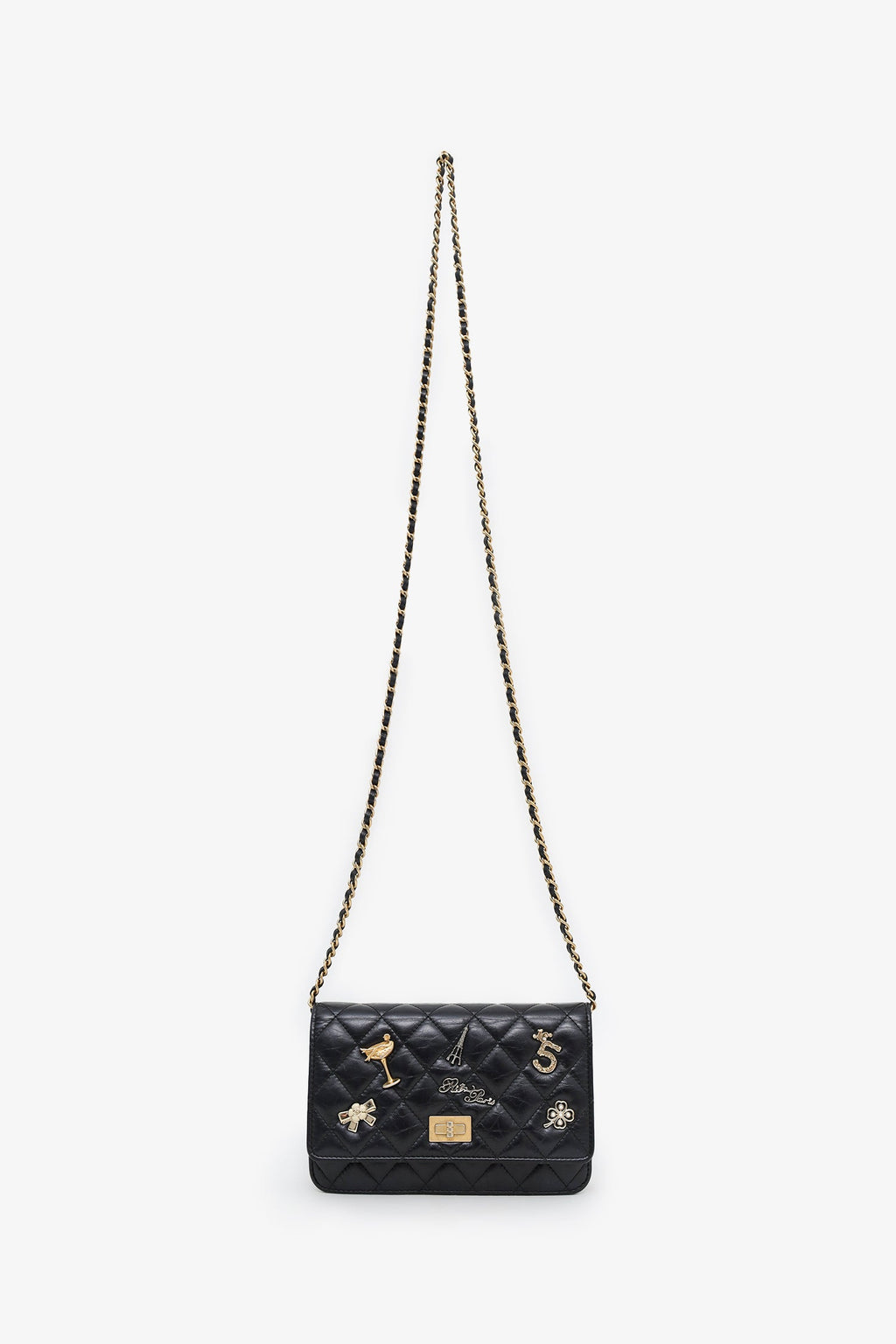 Pre-Loved Chanel™ Black Quilted Aged Calfskin Leather Lucky Charms 2.55 Reissue Wallet on Chain