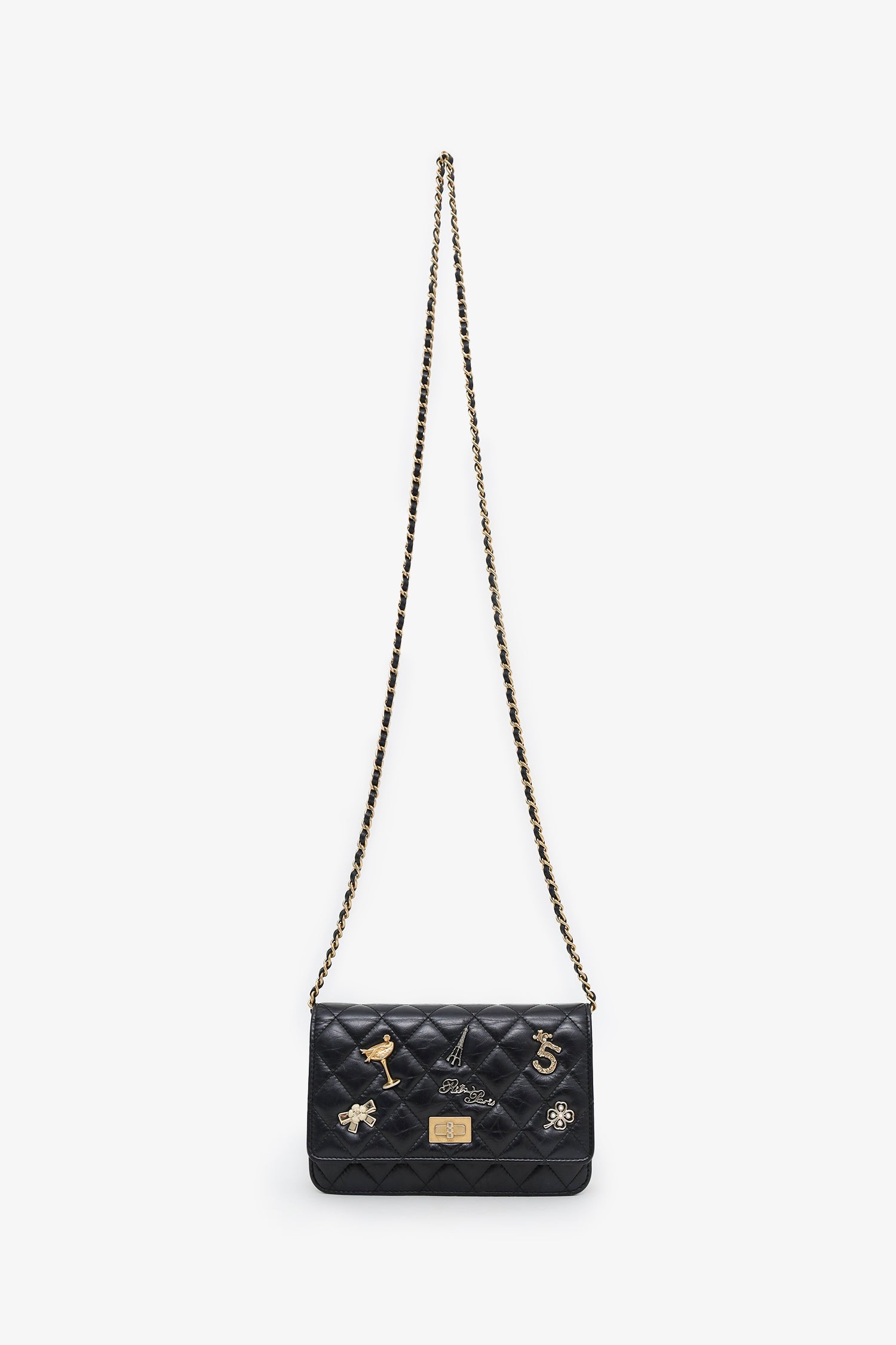 Pre-Loved Chanel™ Black Quilted Aged Calfskin Leather Lucky Charms 2.55 Reissue Wallet on Chain