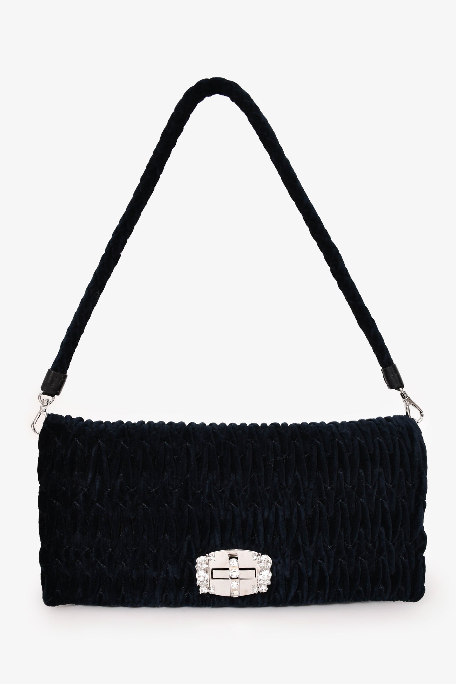 Miu Miu Navy Velvet Matelasse Crystal Flap Shoulder Bag with Strap