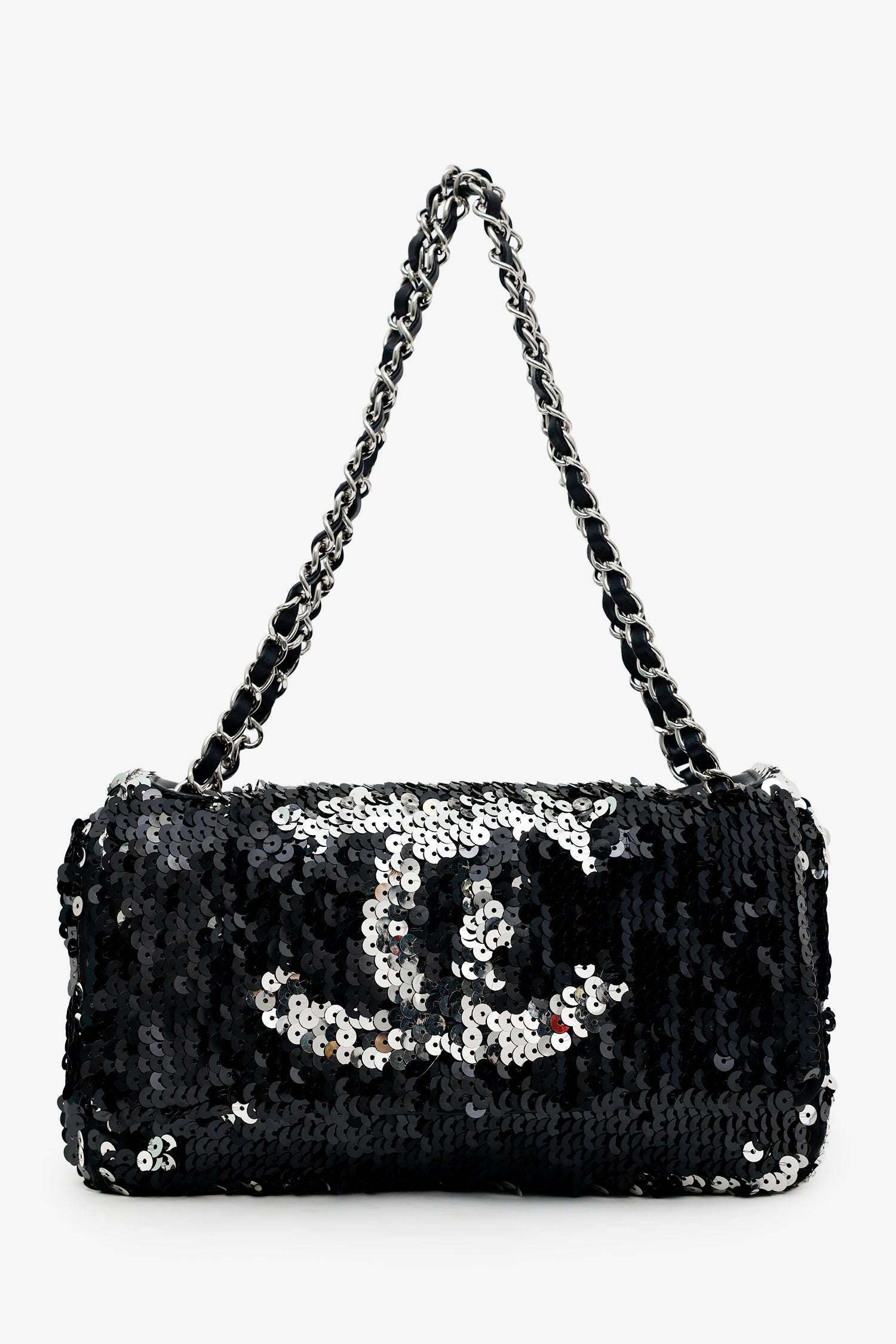 Pre-Loved Chanel™ 2008-09 Black/Silver Sequin Flap CC Logo Shoulder Bag