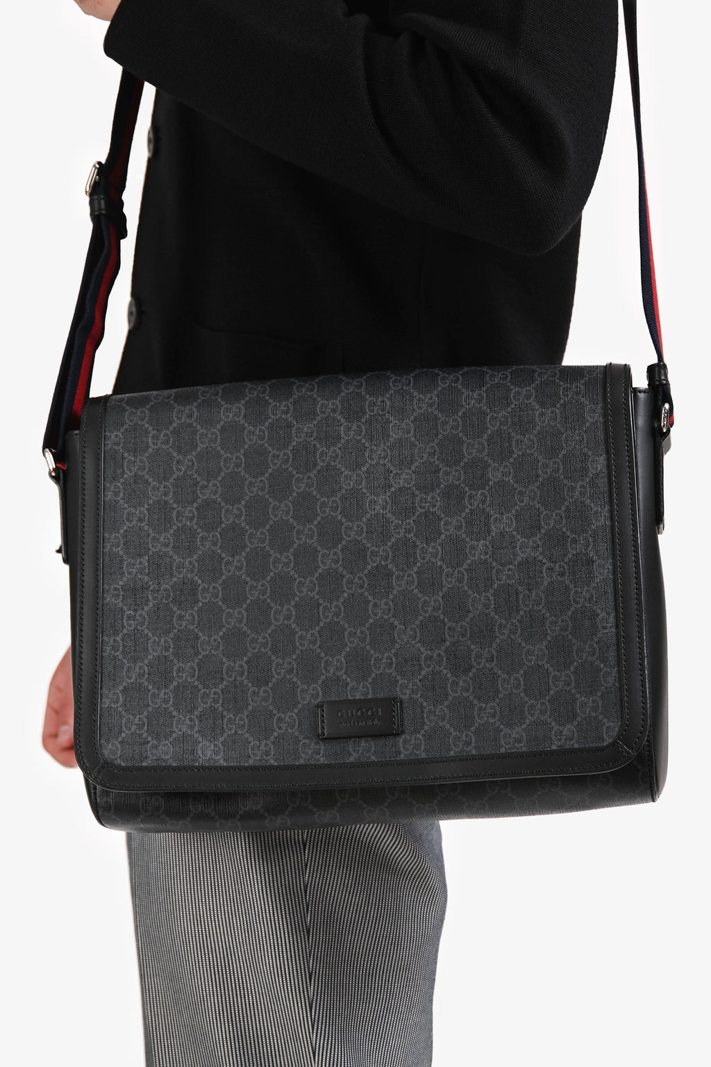 Gucci Black GG Cupreme Flap Web Strap Messenger Bag