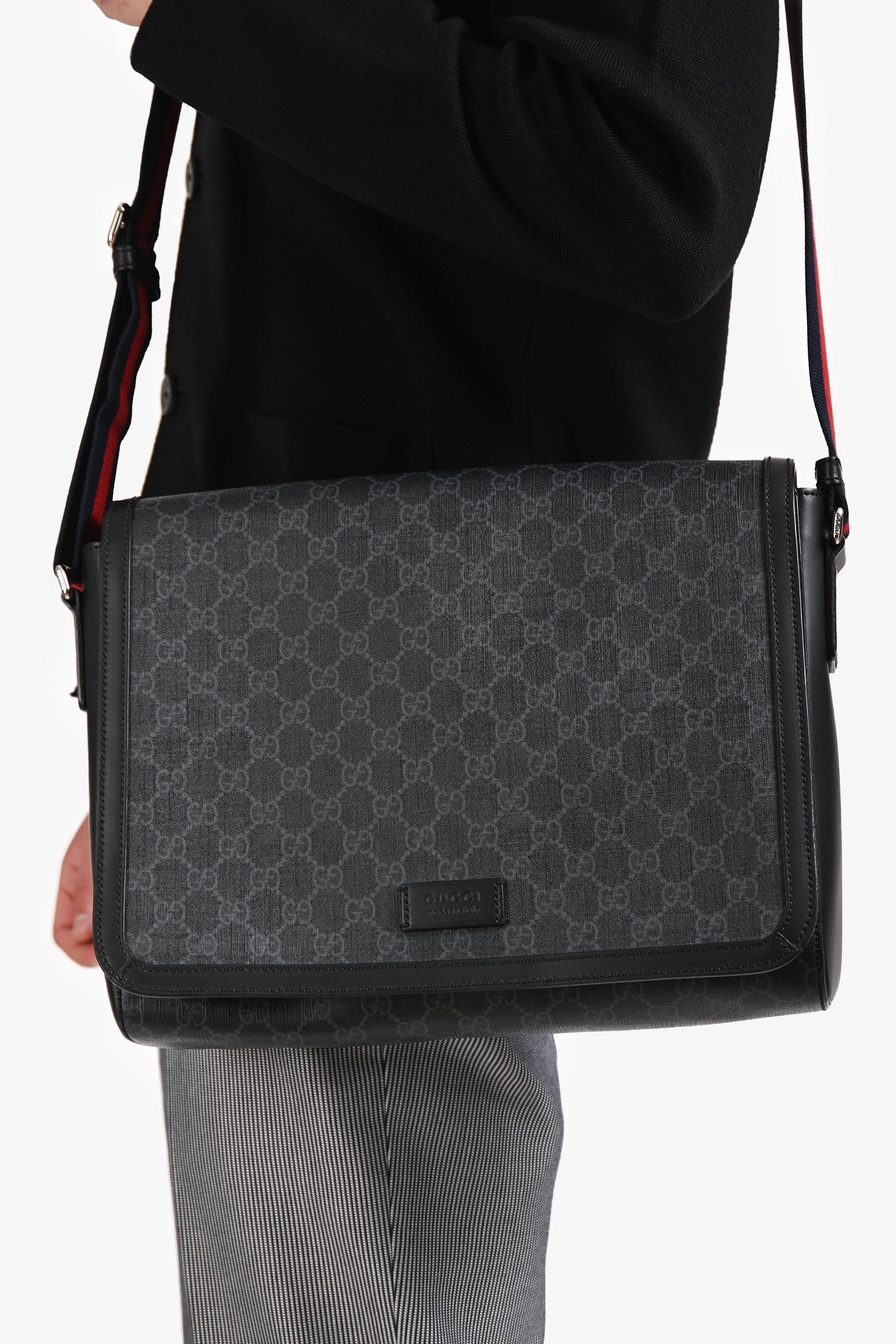 Gucci Black GG Cupreme Flap Web Strap Messenger Bag