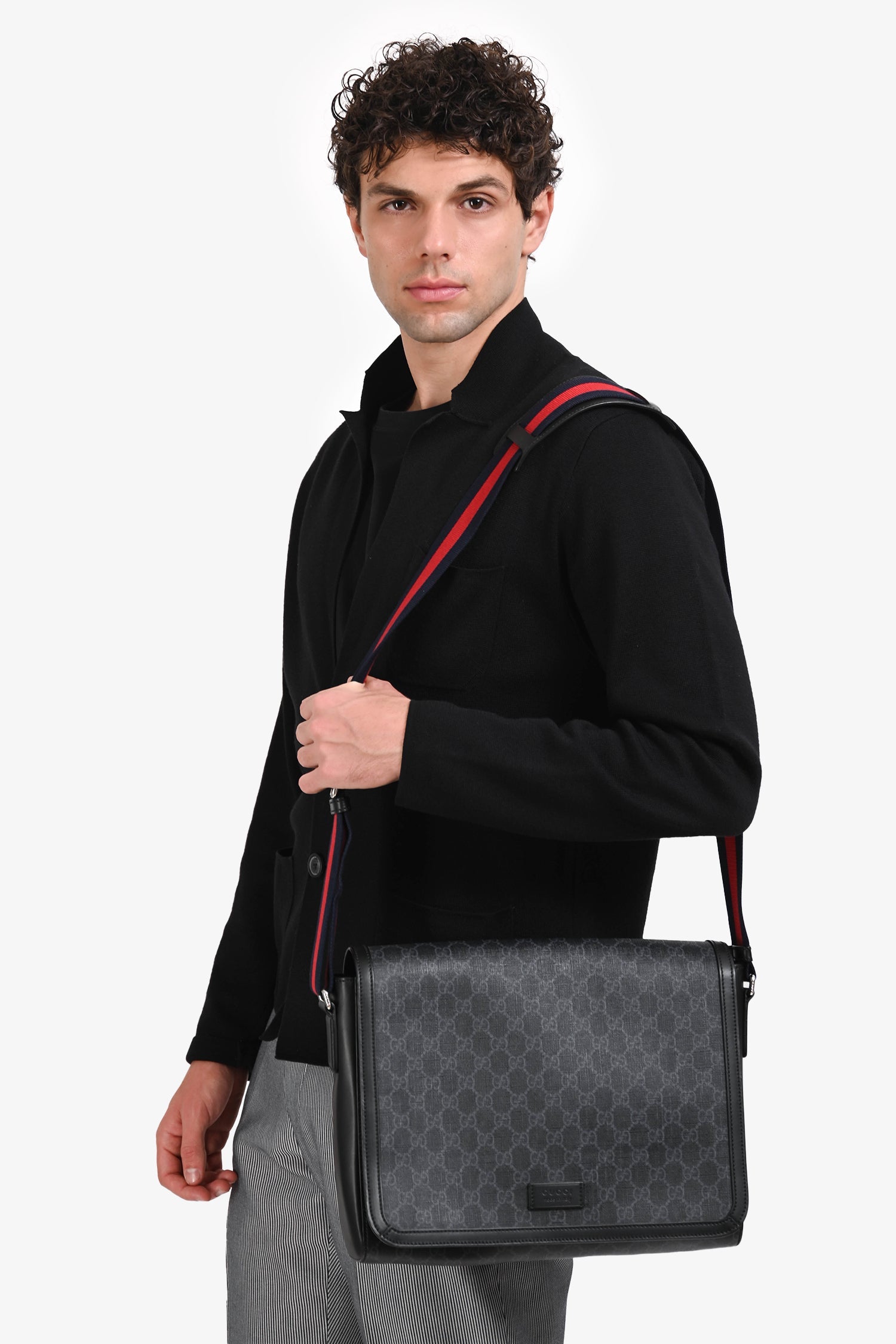 Gucci Black GG Cupreme Flap Web Strap Messenger Bag